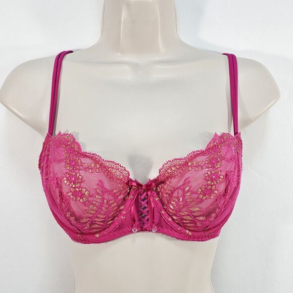 Victoria’s Secret Unlined Demi Bra 34C Hot Pink Lace Y2K Coquette Barbiecore - Picture 1 of 7